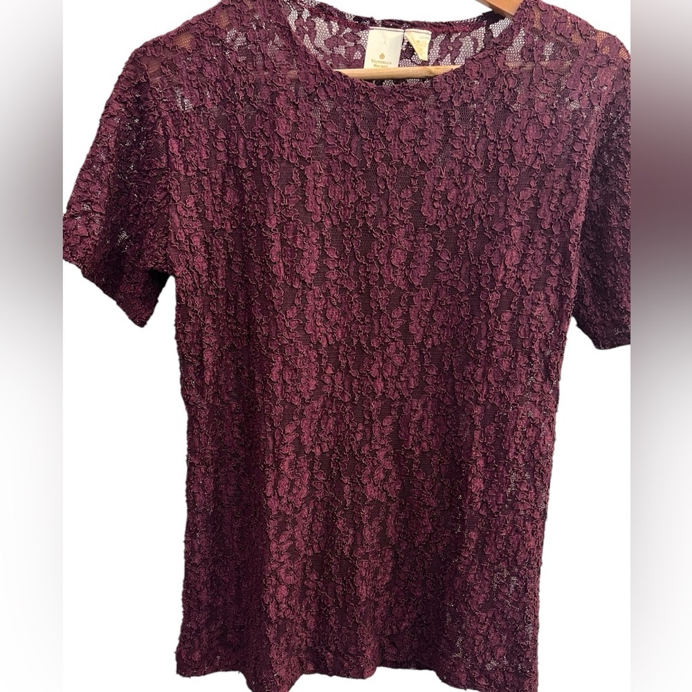 Victoria's Secret Vtg Sheer Lace Wine Short Sleeve Top Size M, Runway, RetroGlam